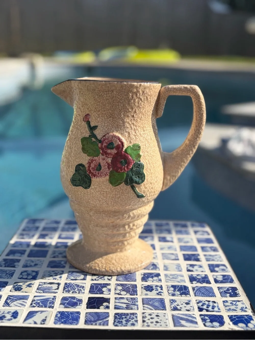 Handcrafted Floral Ceramic Pitcher and Cups Set - Pink Flowers on Cream